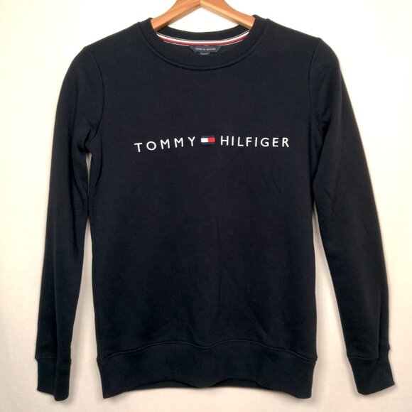 Tommy Hilfiger Sweatshirt Women XXS Navy Blue Embroidered Crew Neck Preppy New - Picture 2 of 10